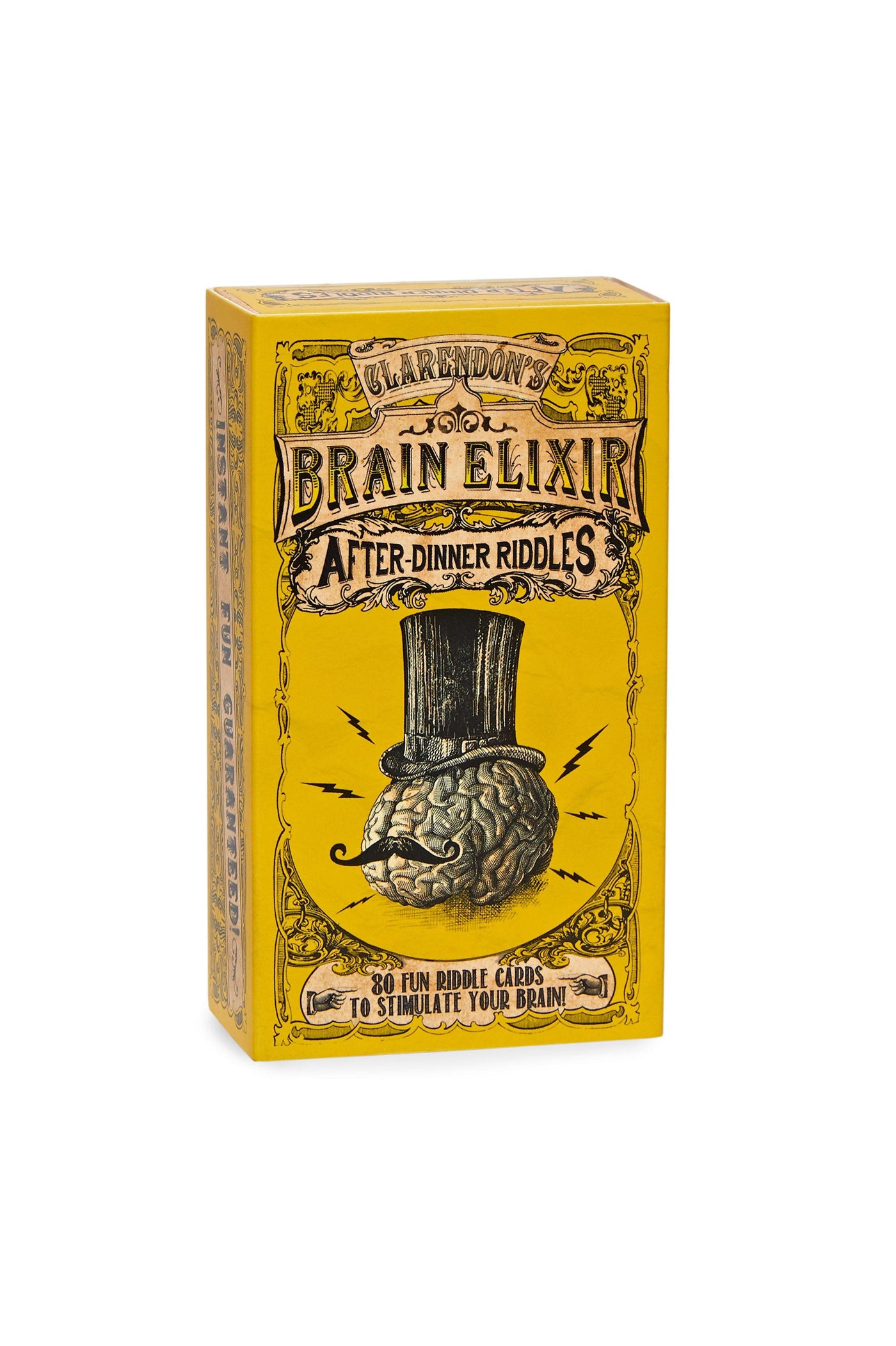 A yellow box with the writing 'Brain Elixir After Dinner Riddles' on it