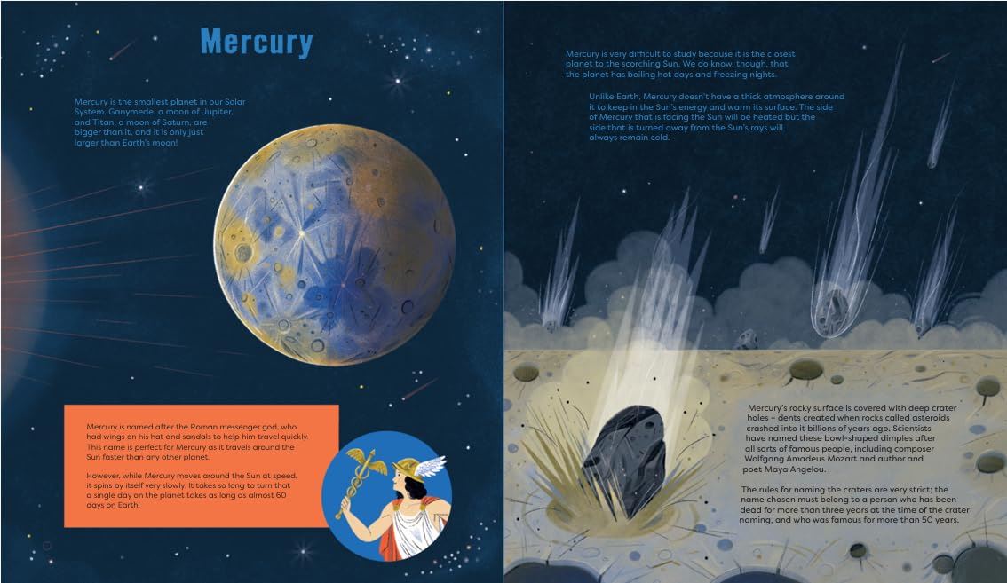 Illustration of Mercury with celestial elements and text on a dark blue background