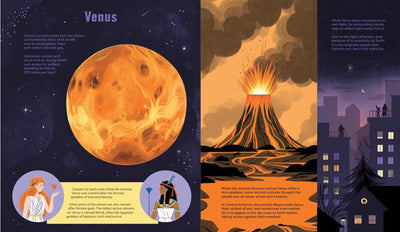 Illustration of Venus with a volcano and cityscape, educational content about the planet.