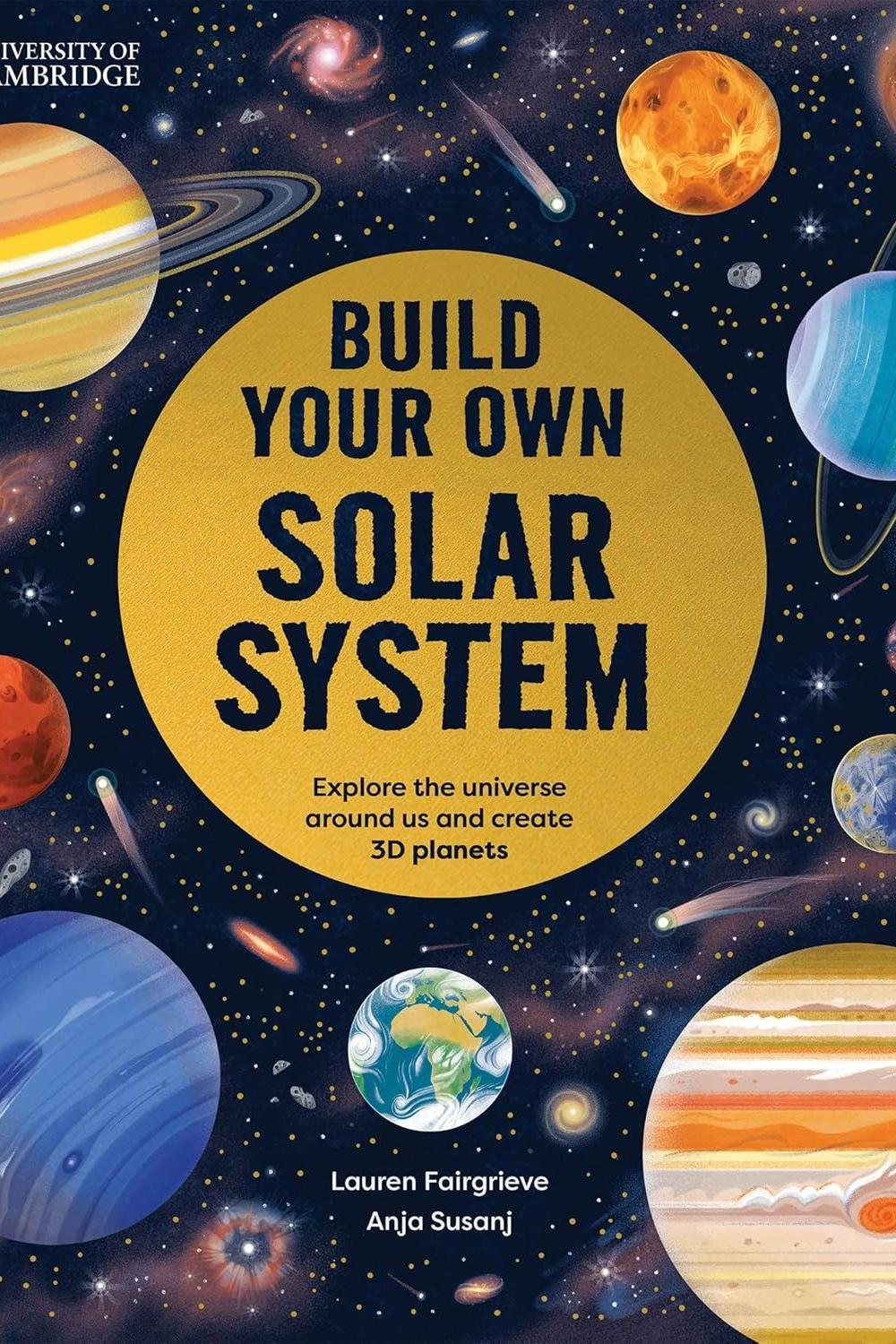 Book cover of 'Build Your Own Solar System' with space-themed illustration and planet images.