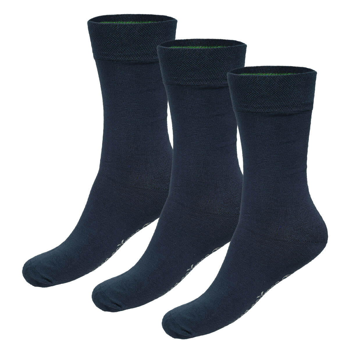 Three pairs of navy bamboo socks on a white background