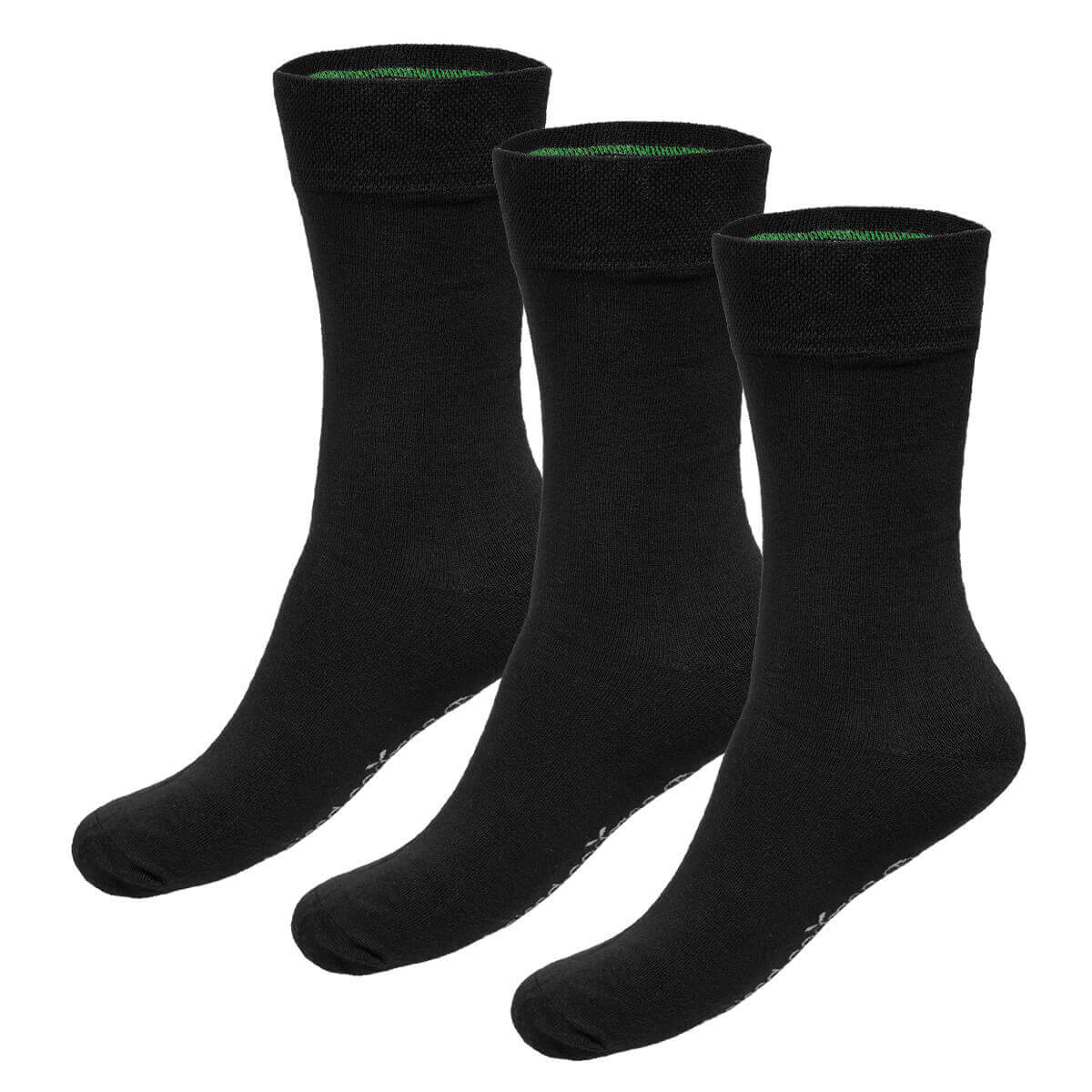 Three black socks with green lining on a white background