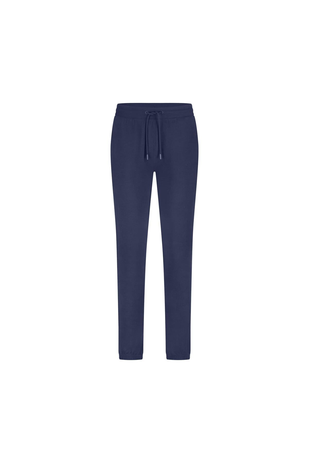 Navy blue jogger pants on a white background