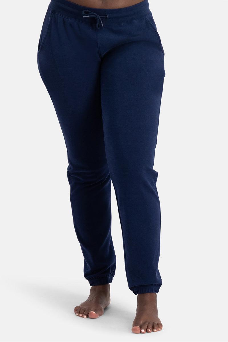 Navy blue bamboo jogger pants on a white background