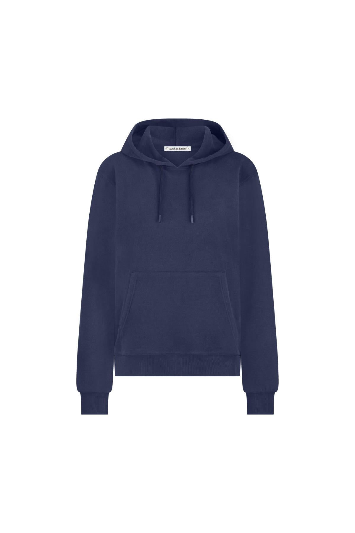 Navy blue bamboo hoodie on a white background