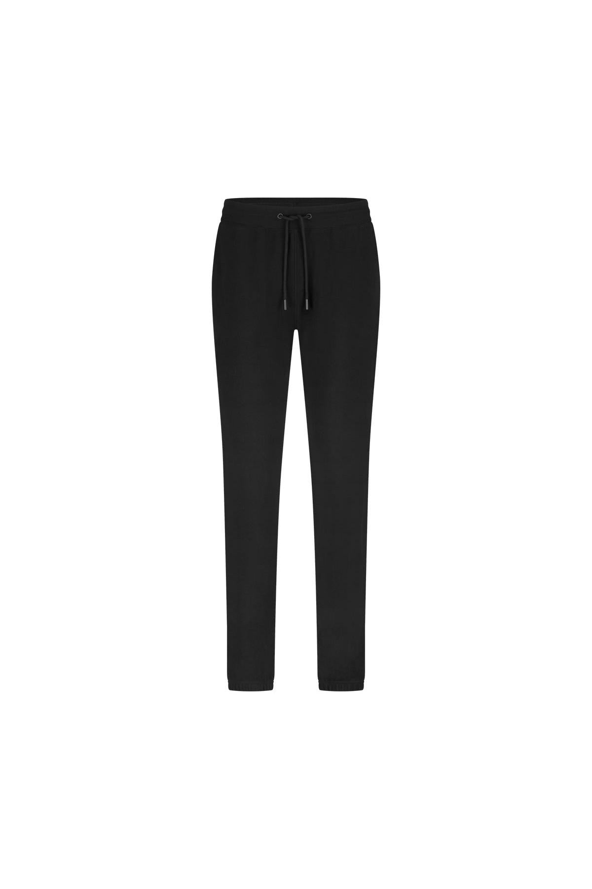 Black organic cotton pants with drawstring on a white background