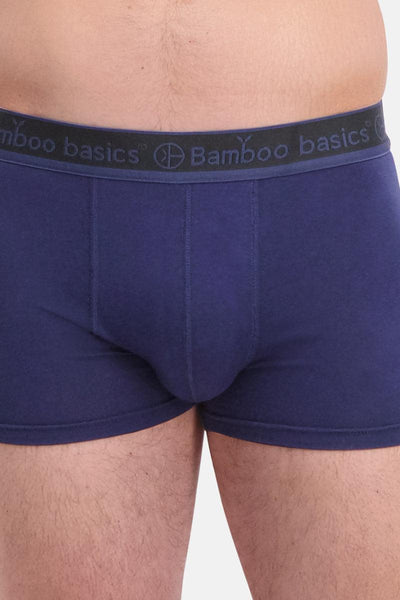 Navy blue boxer briefs with a visible brand logo on a white background