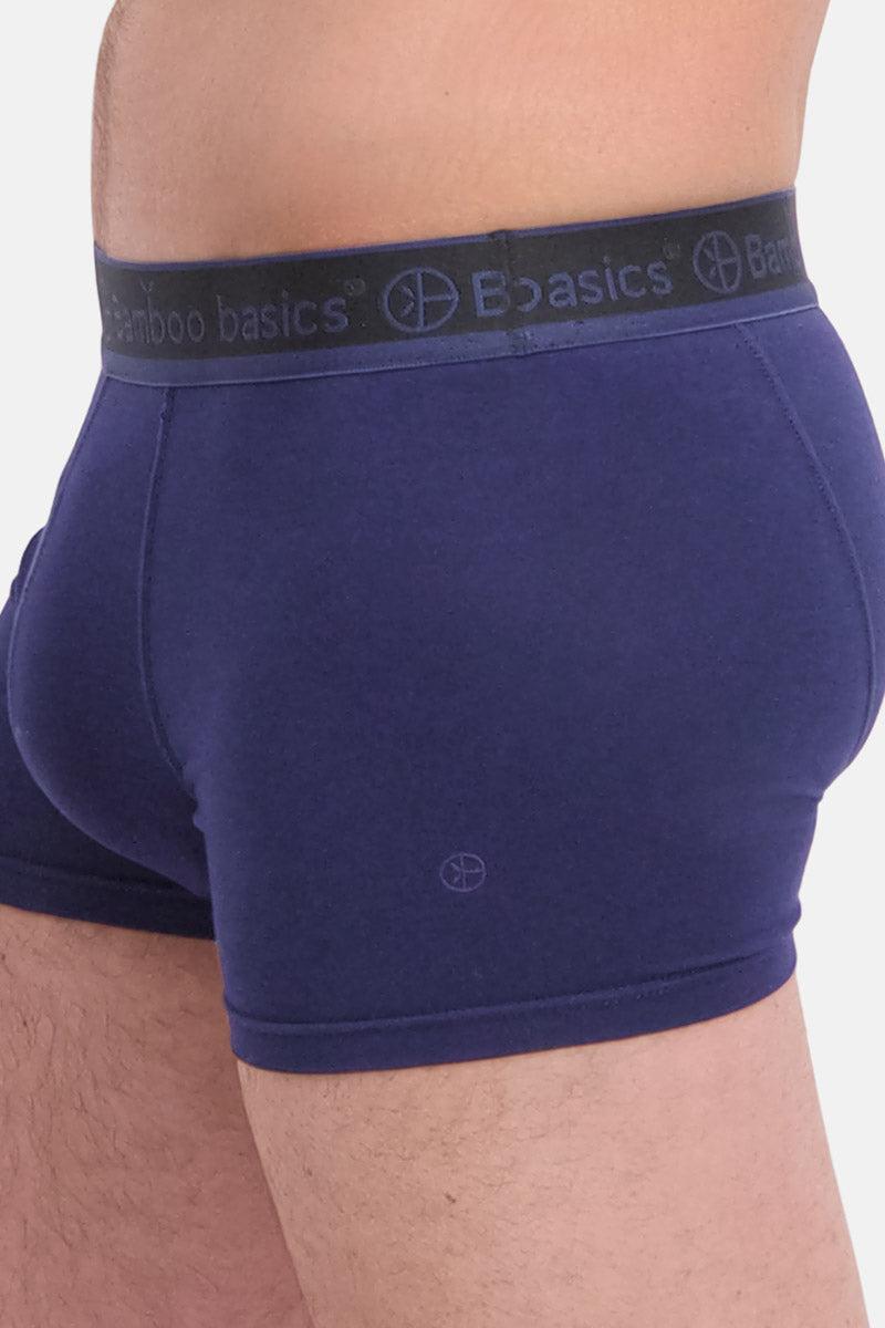 Navy blue bamboo boxer briefs with a brand logo on a white background