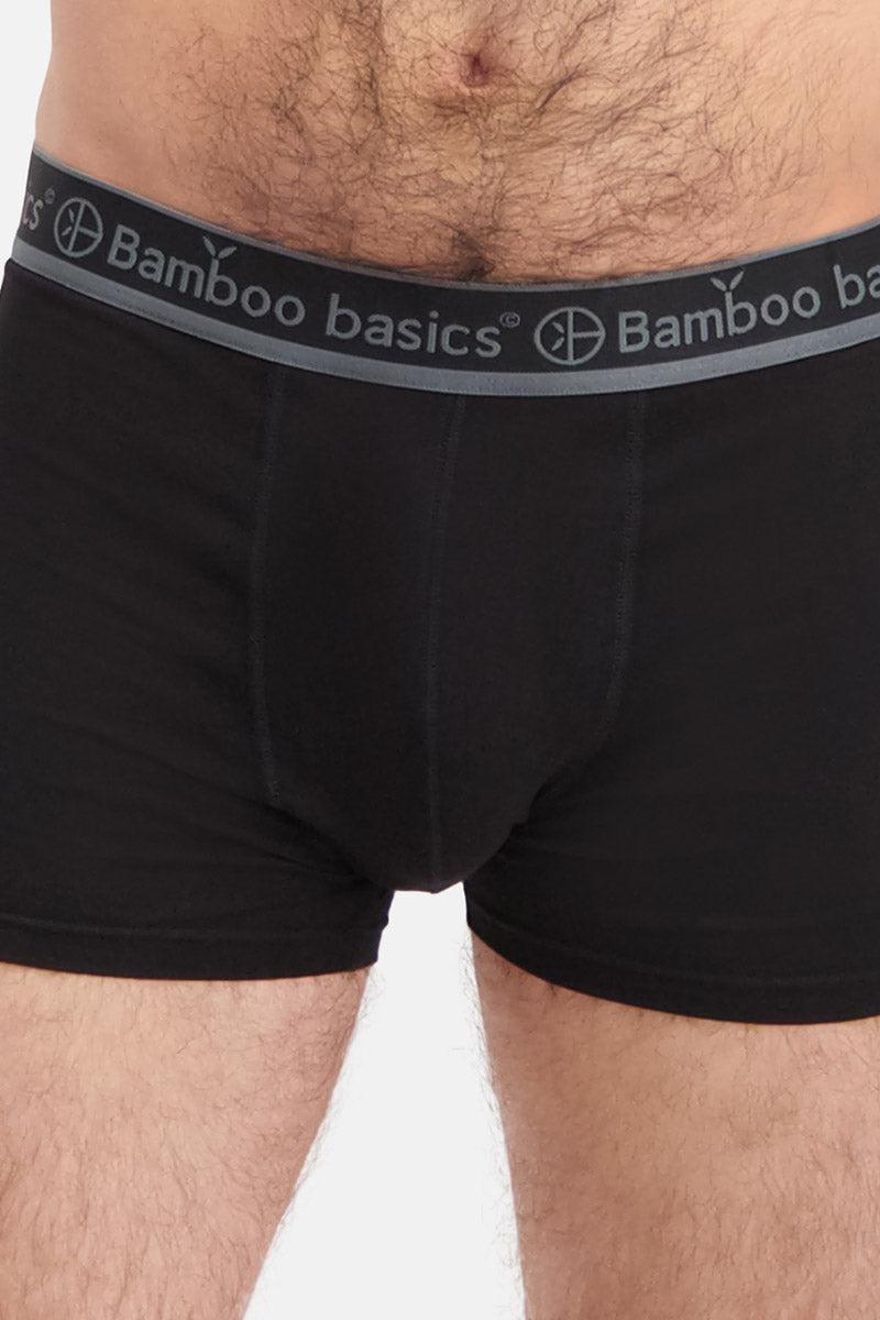 Black boxer briefs with Bamboo Basics waistband on a white background