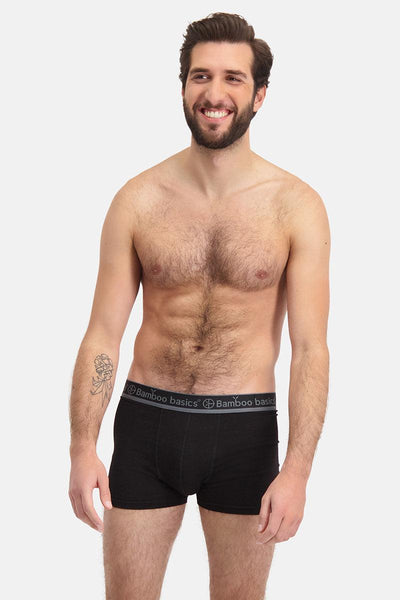 Man wearing black boxer briefs with a visible brand logo on a white background