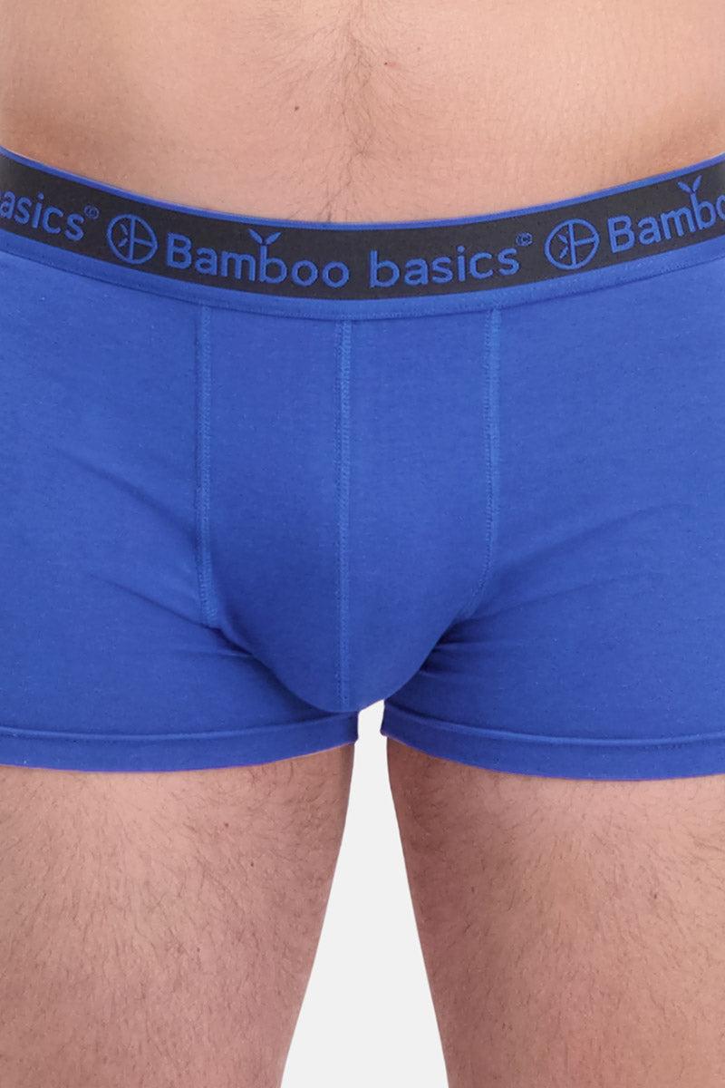 Blue boxer briefs with Bamboo Basics waistband on a white background