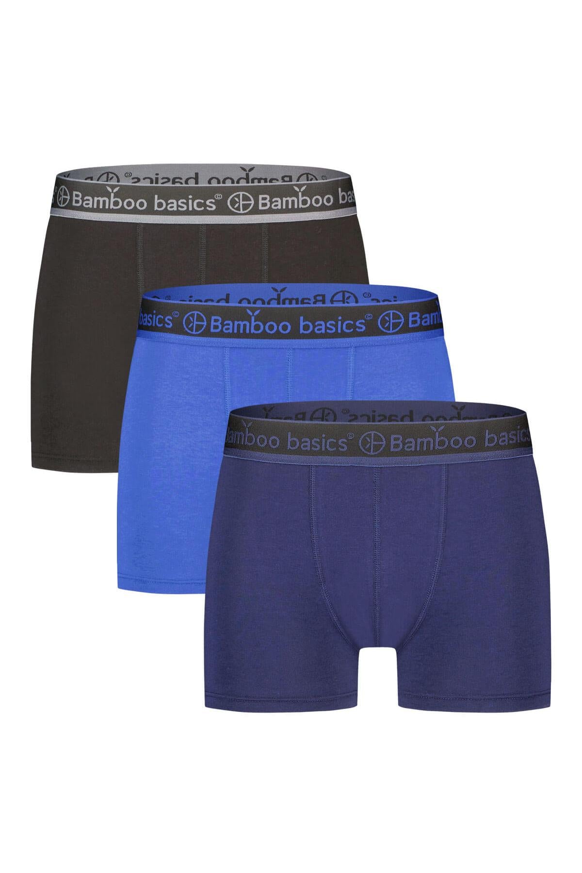 Three pairs of Bamboo Basics boxer briefs in black, blue, and purple on a white background.