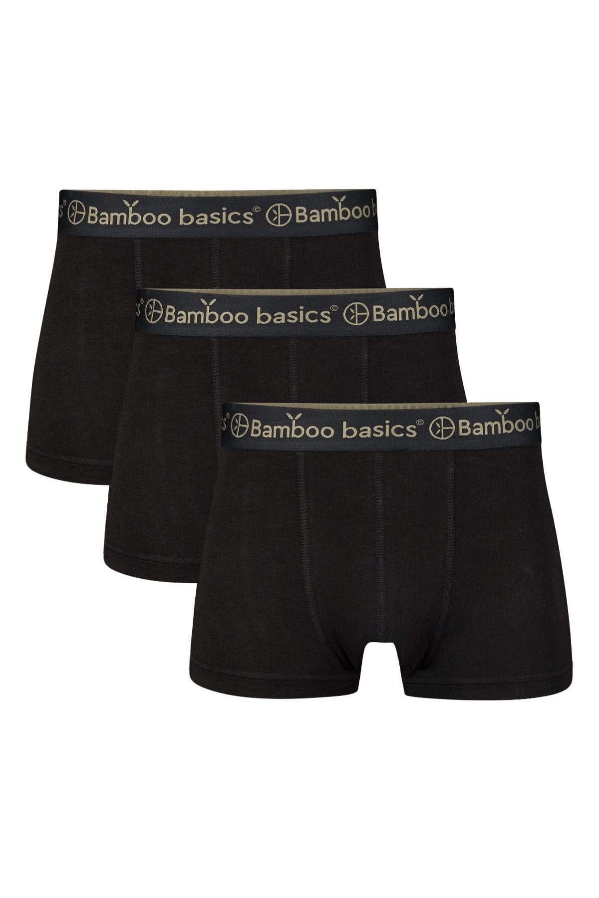 Three black boxer briefs with Bamboo Basics waistband on a white background