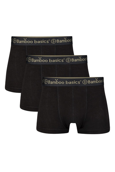Three black boxer briefs with Bamboo Basics waistband on a white background