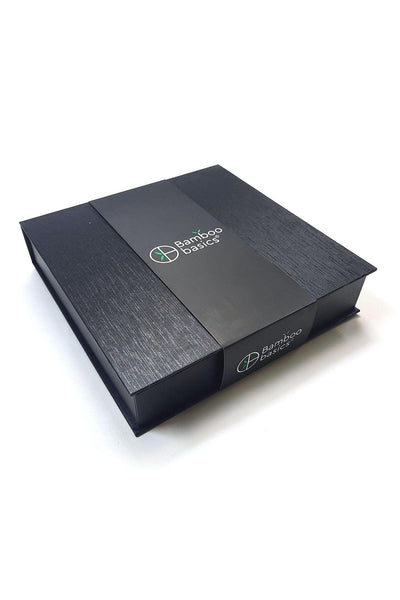 Black giftbox with 'Bamboo Basics' branding on a white background