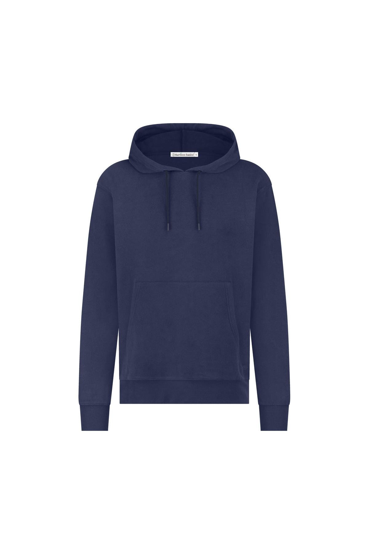 Navy blue organic cotton hoodie on a white background
