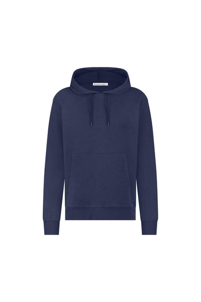 Navy blue organic cotton hoodie on a white background