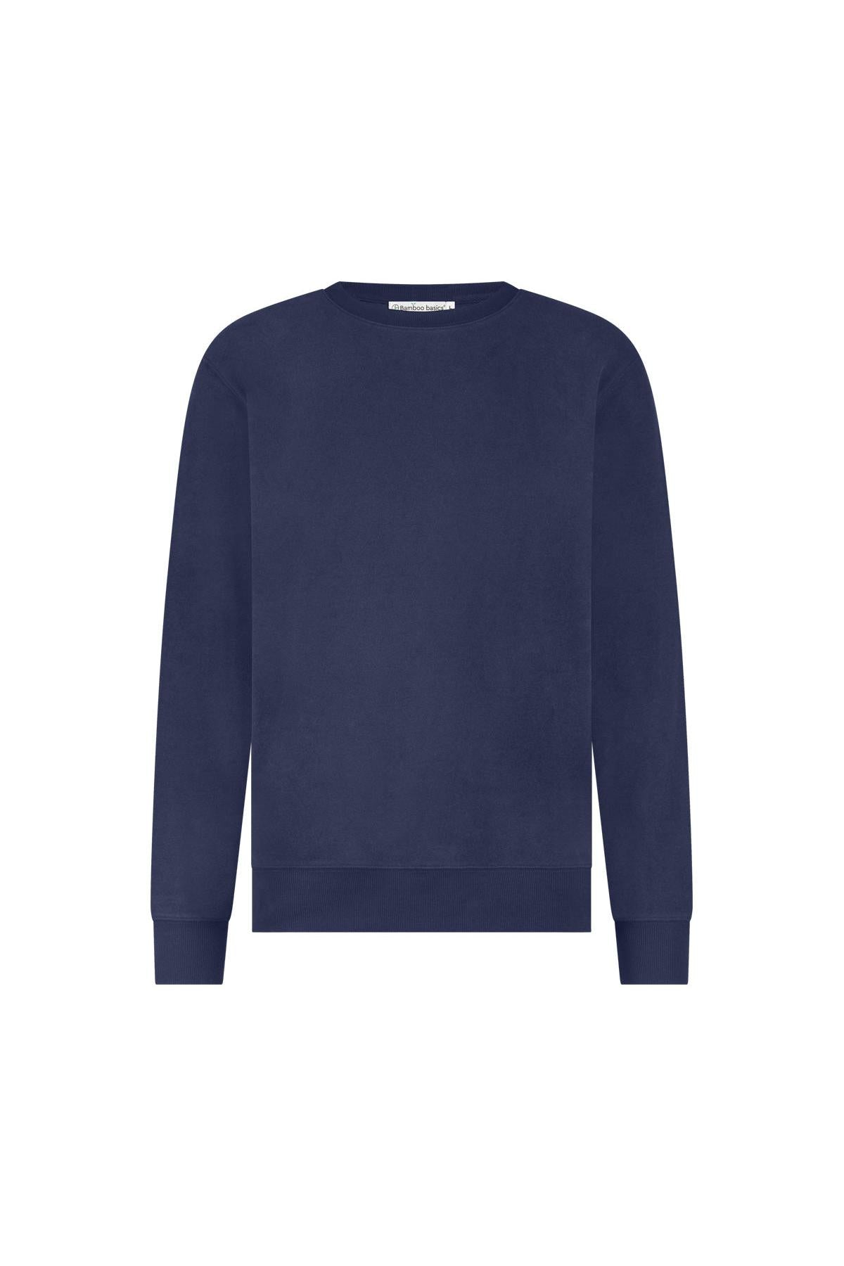 Navy blue bamboo sweater on a white background