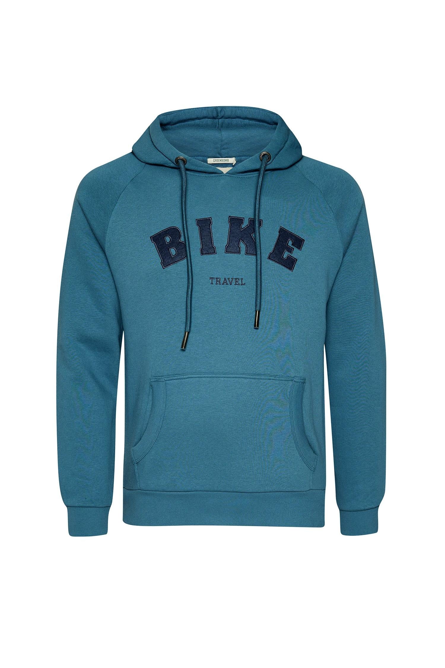 Blue organic cotton hoodie with raglan sleeves and 'Bike' embroidered on the front