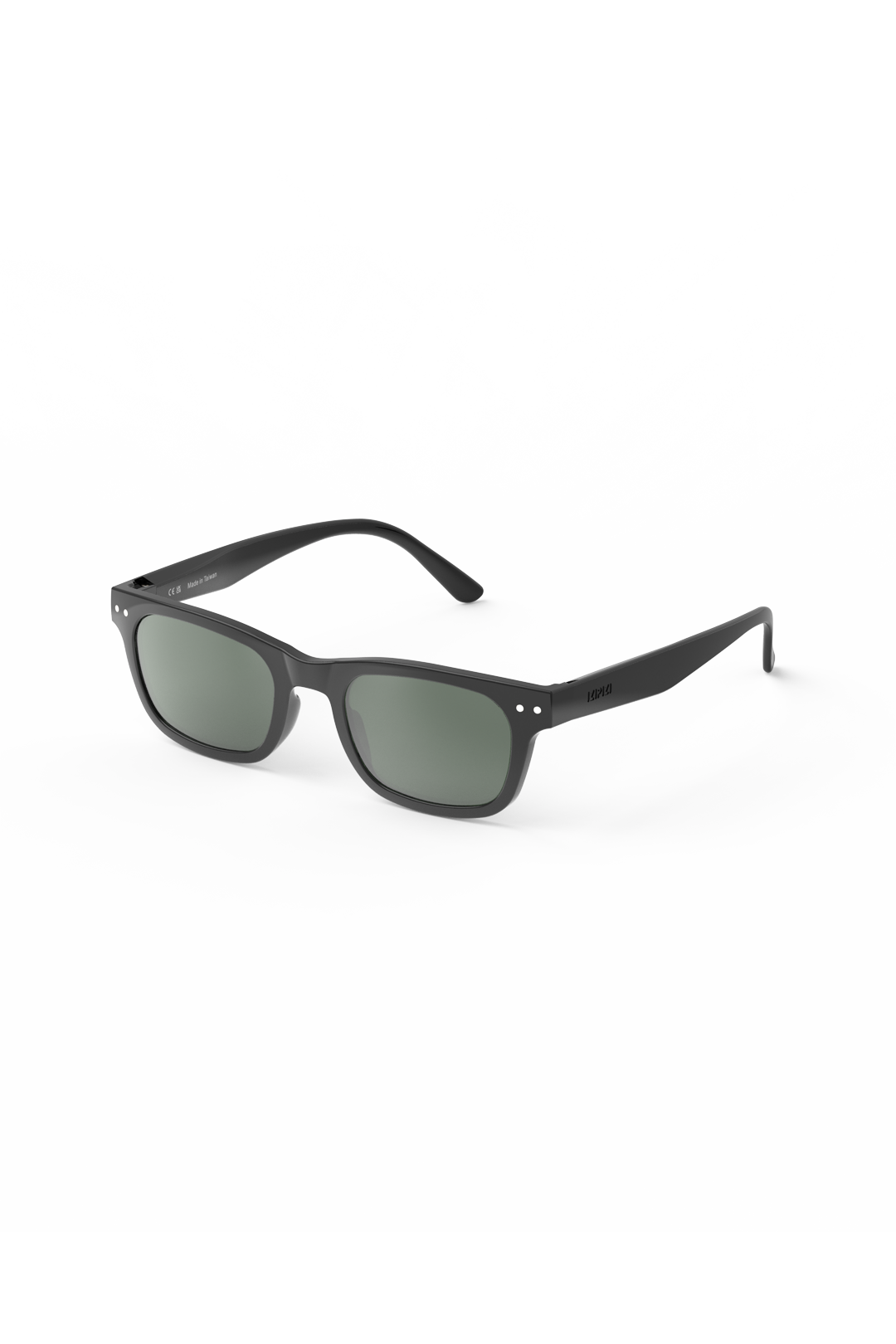 Matte black sunglasses with green-tinted lenses, shown at a three-quarter angle on a clean white background.