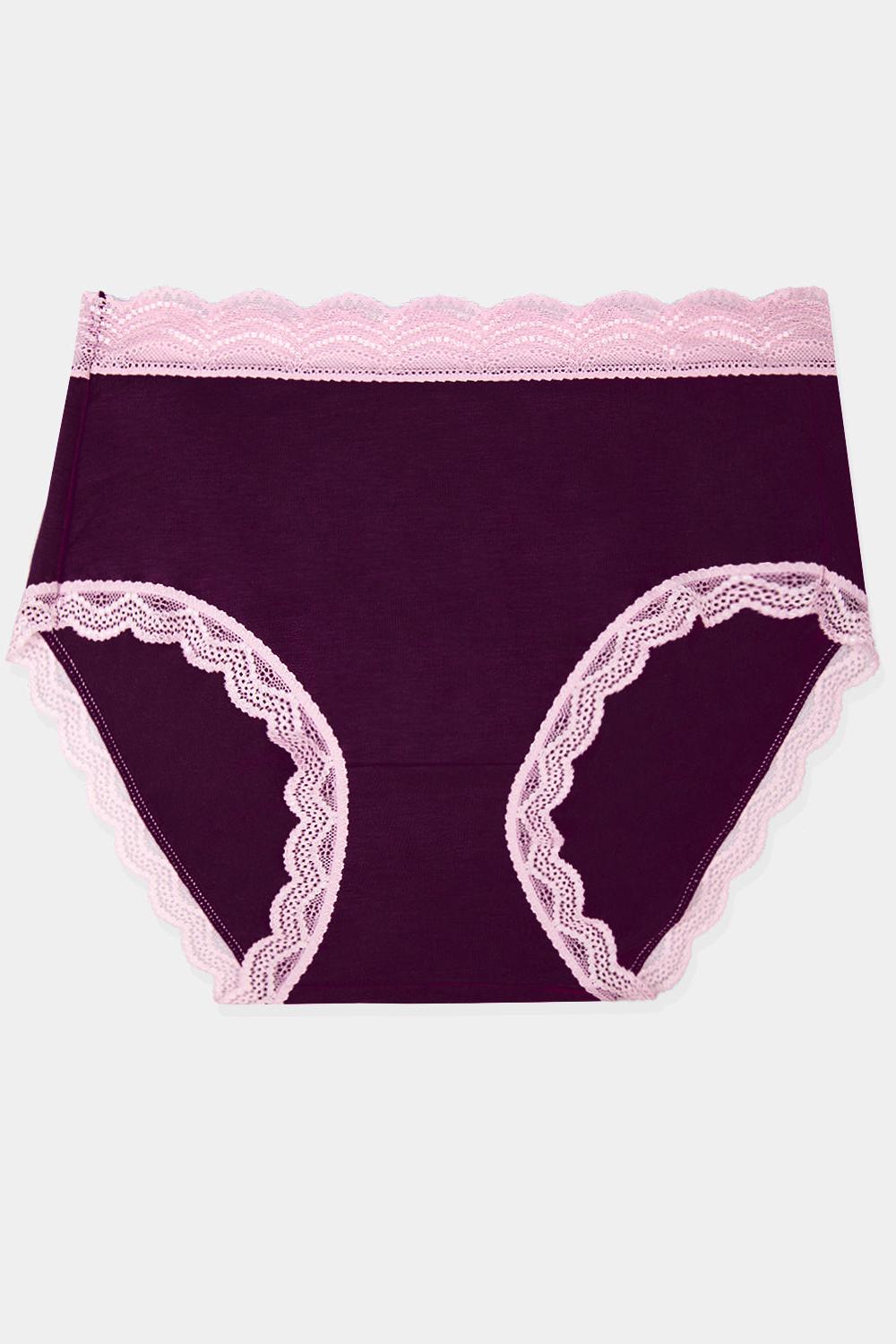 Purple underwear with pink lace trim on a white background