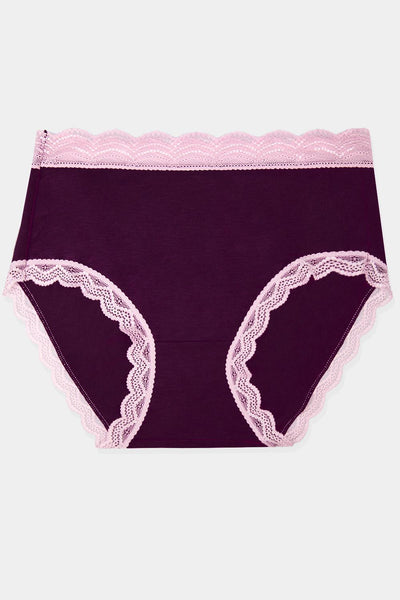 Purple underwear with pink lace trim on a white background