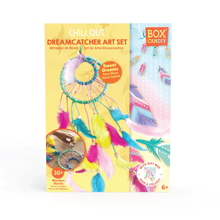 Dreamcatcher art set packaging with colorful design and text on a white background