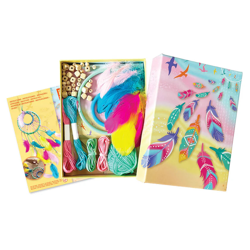 Craft kit with colourful materials and packaging on a white background