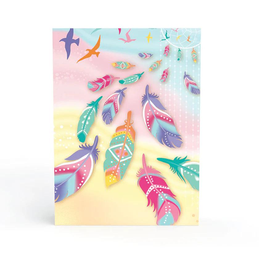 Colourful feather design on a pastel background