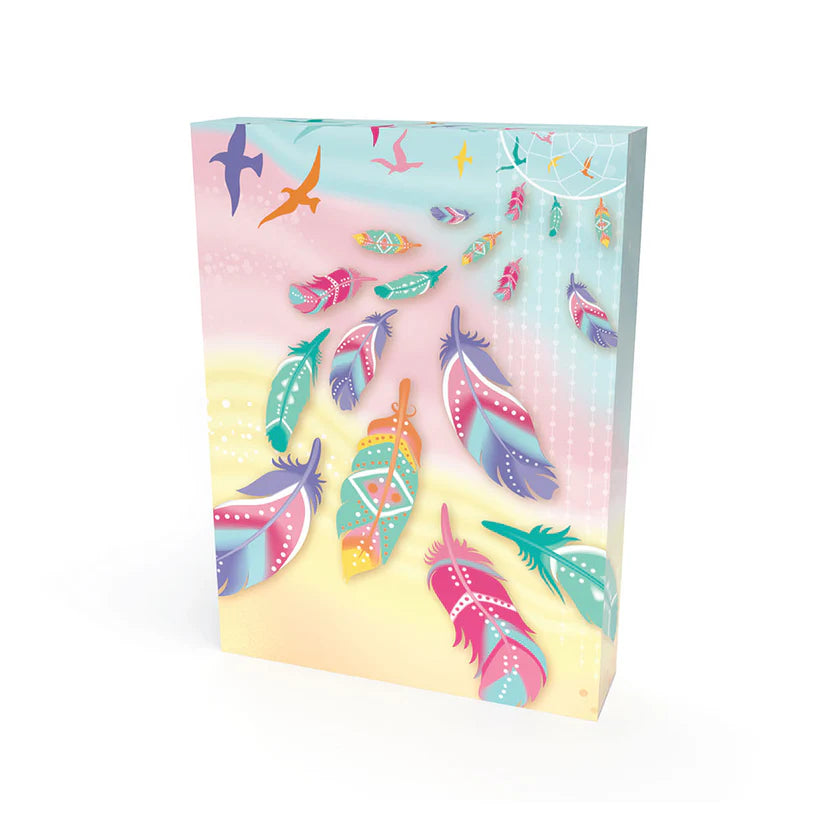Greeting card with colorful feather designs on a gradient background