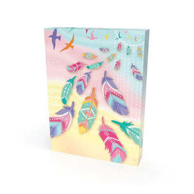 Greeting card with colorful feather designs on a gradient background