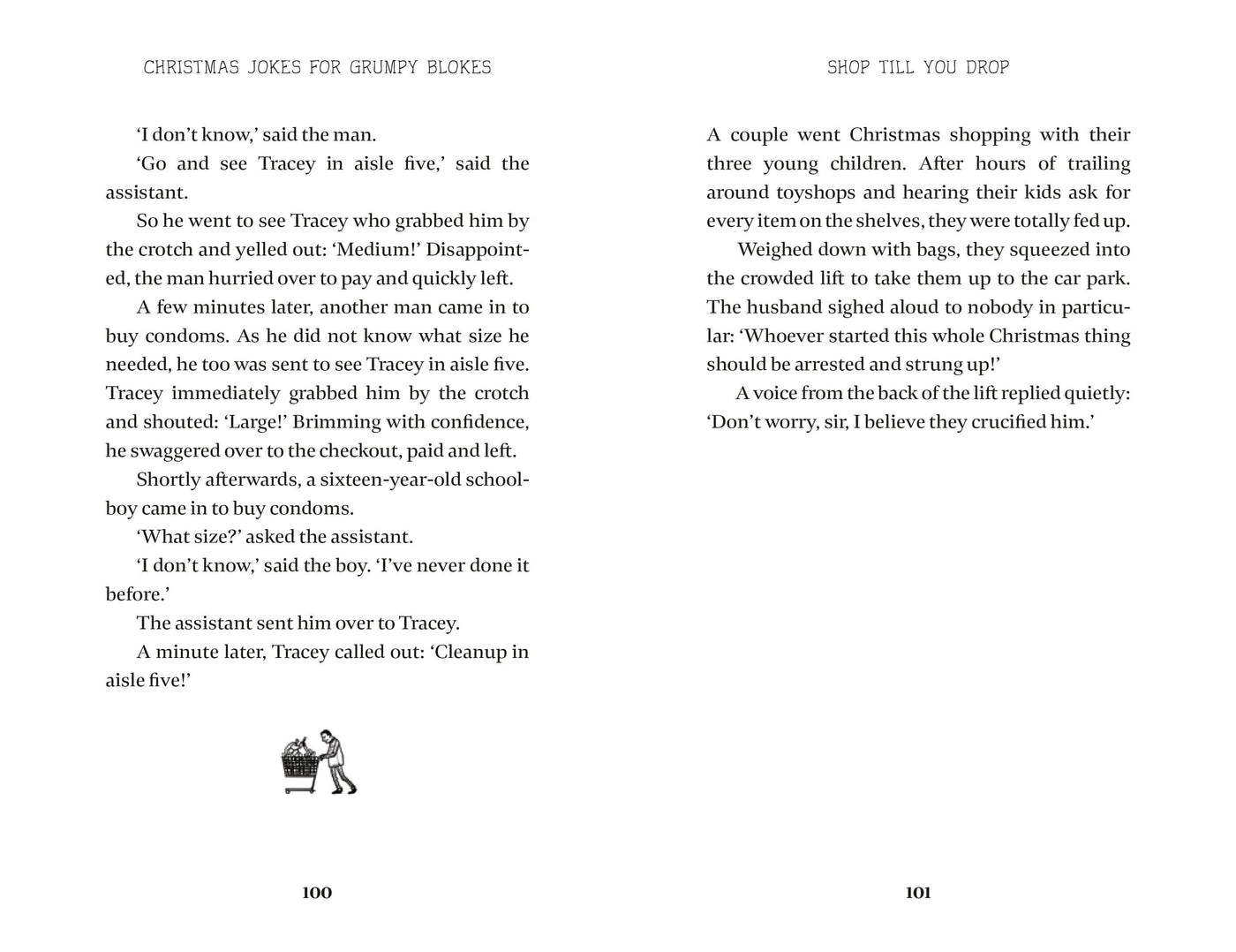 Two pages from a book with Christmas-themed jokes on a white background.