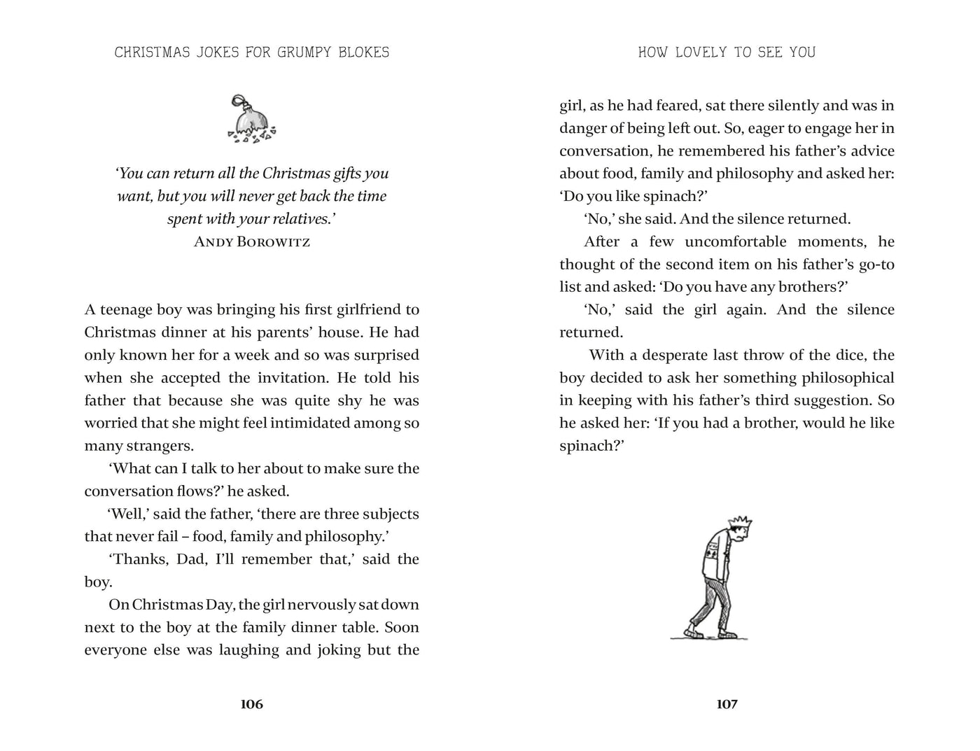 Two pages from a book with text and a cartoon illustration on a white background.