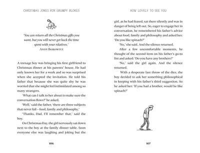 Two pages from a book with text and a cartoon illustration on a white background.