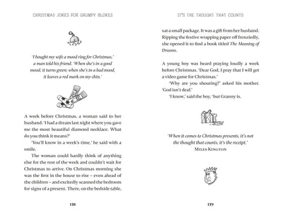 Two pages from a book with Christmas-themed jokes and a humorous quote by Miles Kilgordon.