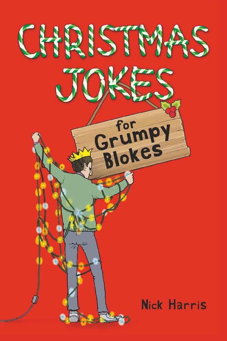 Book cover of 'Christmas Jokes for Grumpy Blokes' with a man holding a sign and Christmas lights on a red background.