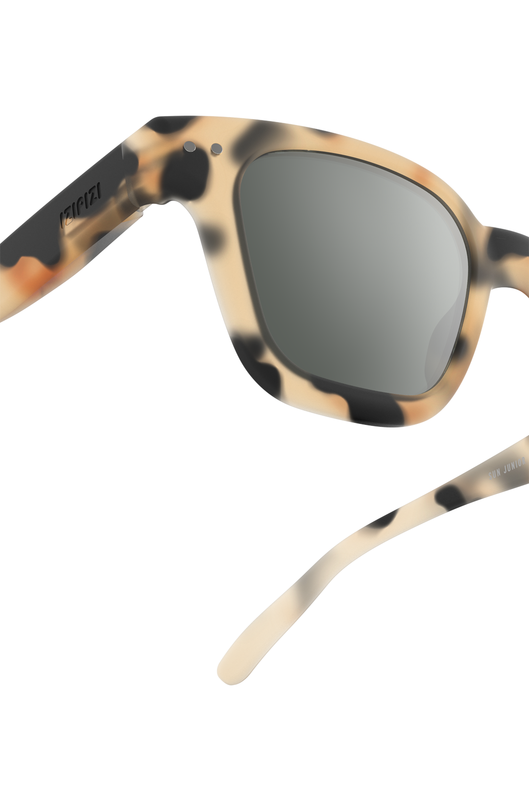Angled view of light tortoise rectangular sunglasses for kids aged 7–11.