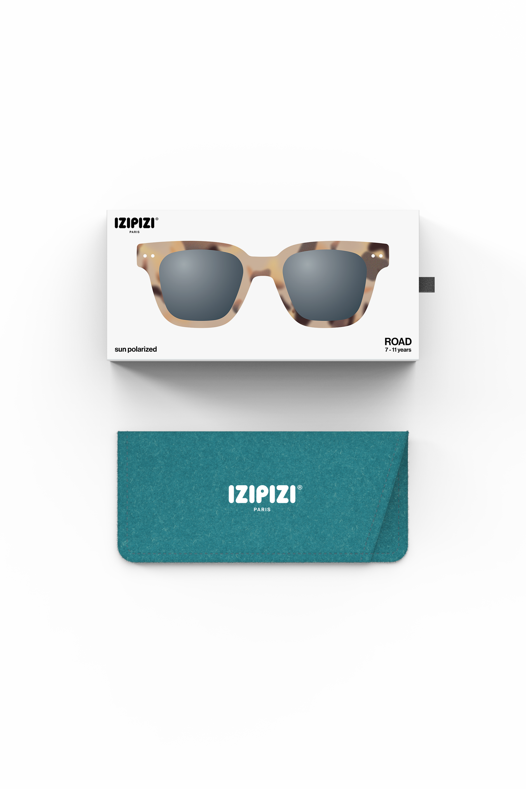 IZIPIZI kids sunglasses packaging with sunglasses and case on a white background
