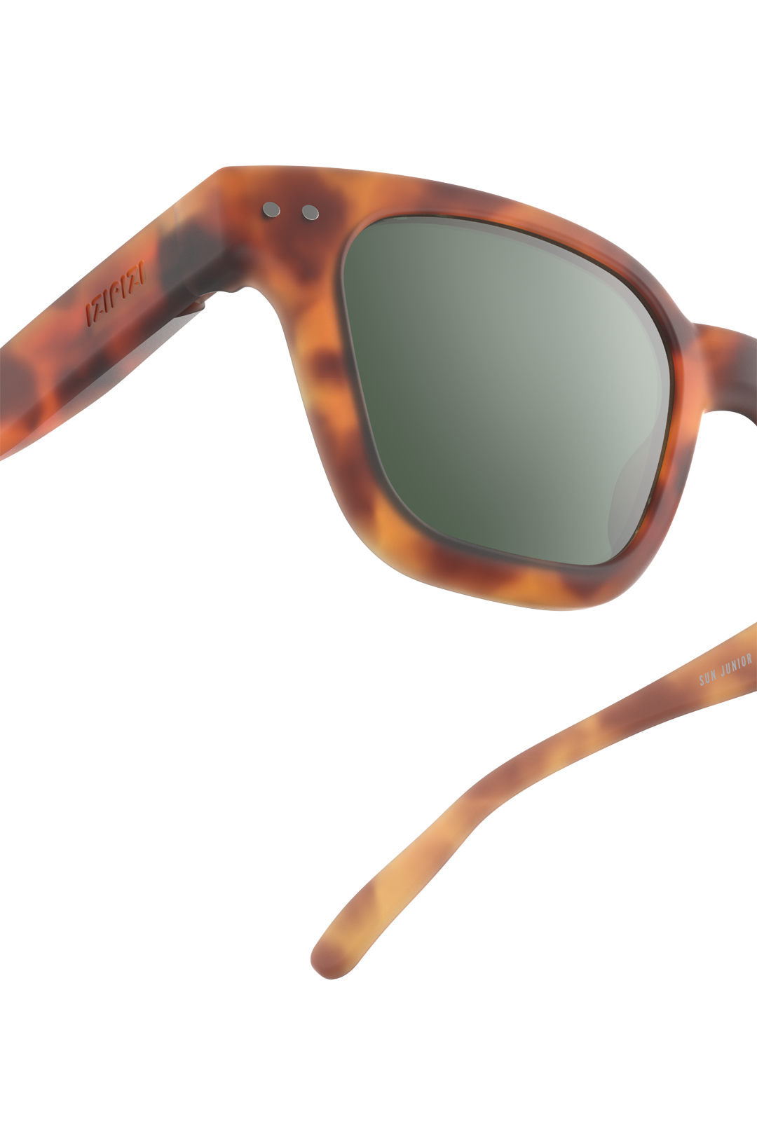 Angled view of havane Izipizi #Road sunglasses for kids with soft-touch rectangular frame and grey lenses.