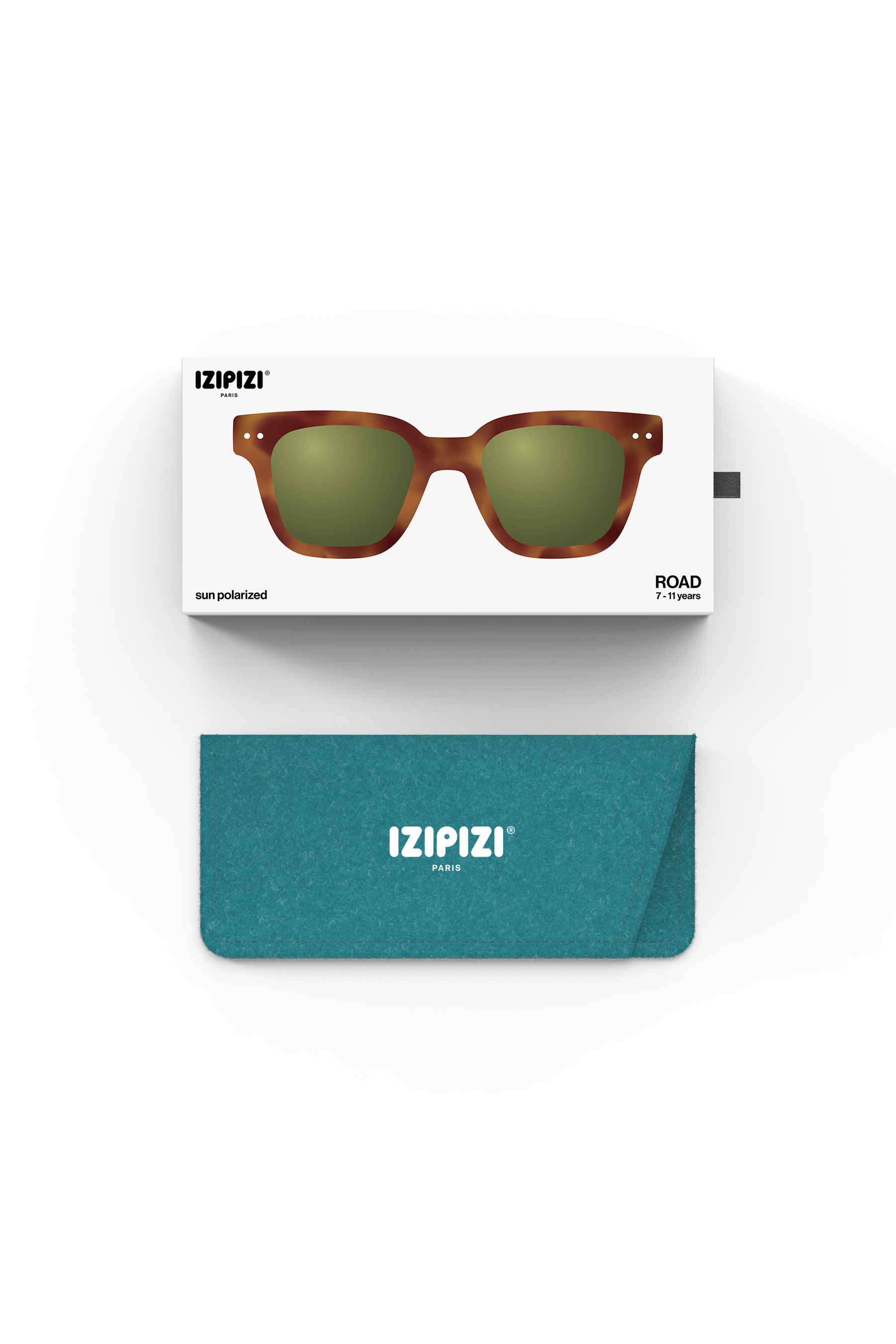 IZIPIZI sunglasses with packaging and case on a white background