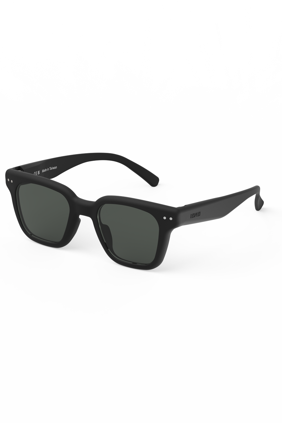 Side view of black rectangular sunglasses showing soft-touch bio-based frame.
