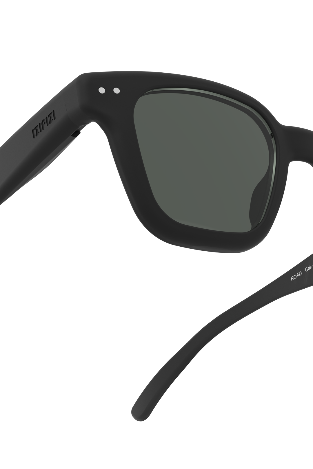 Angled view of black unisex sunglasses with matte soft-touch finish.