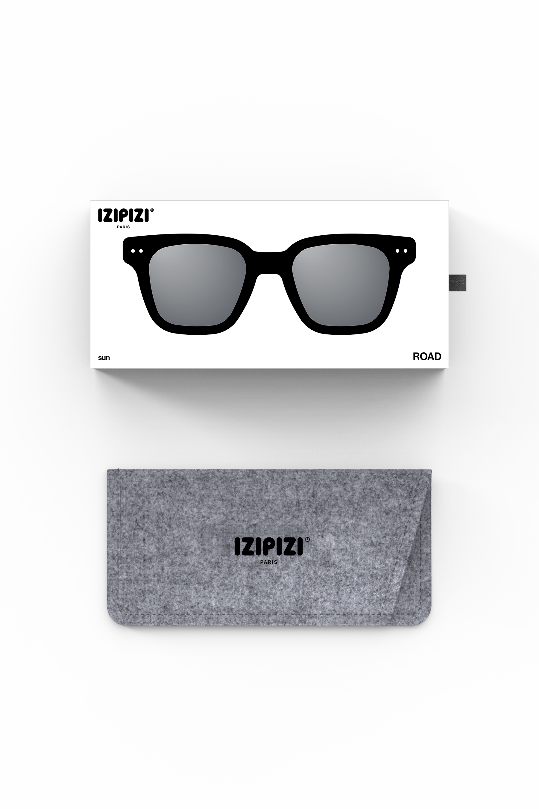 IZIPIZI black sunglasses with packaging and case on a white background