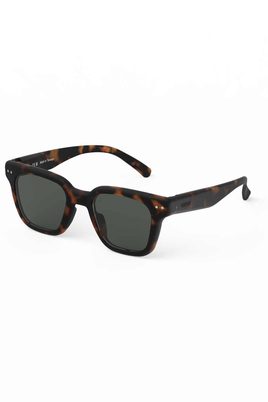 Side view of Izipizi tortoise rectangular sunglasses showing structured bio-based frame.