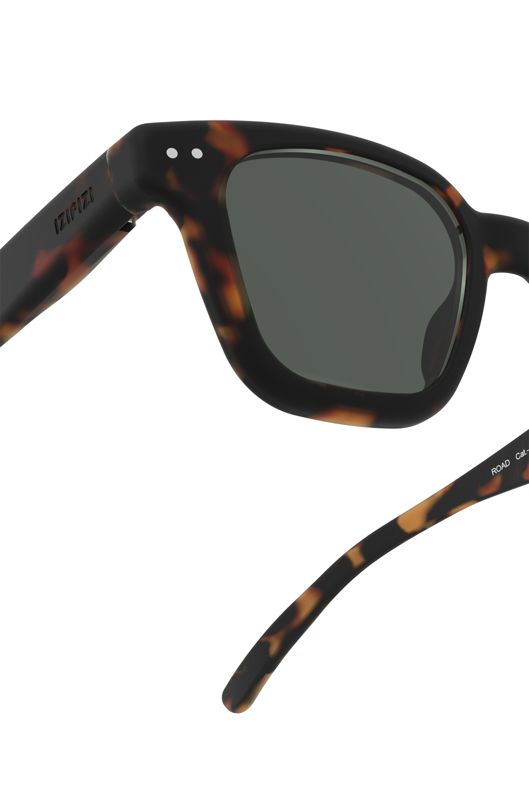 Angled view of tortoise unisex sunglasses with thick structured frame and dark lenses.