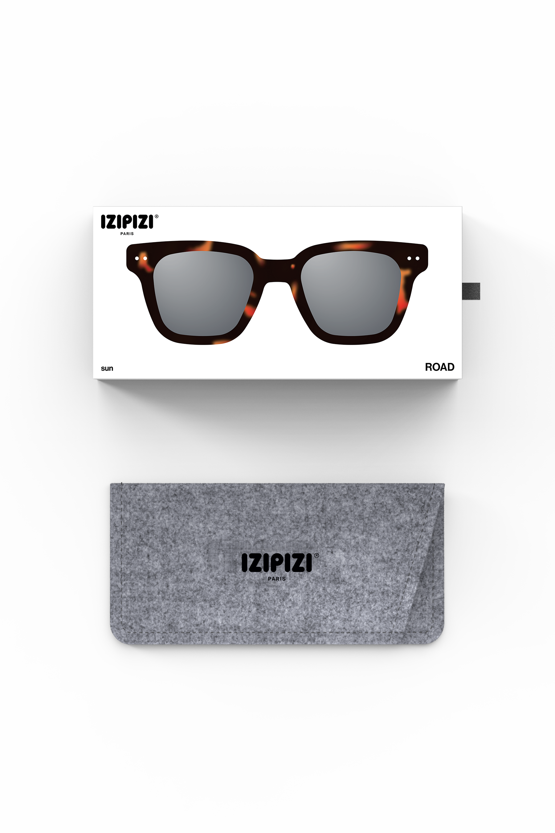 IZIPIZI sunglasses with packaging and grey fabric case on a white background