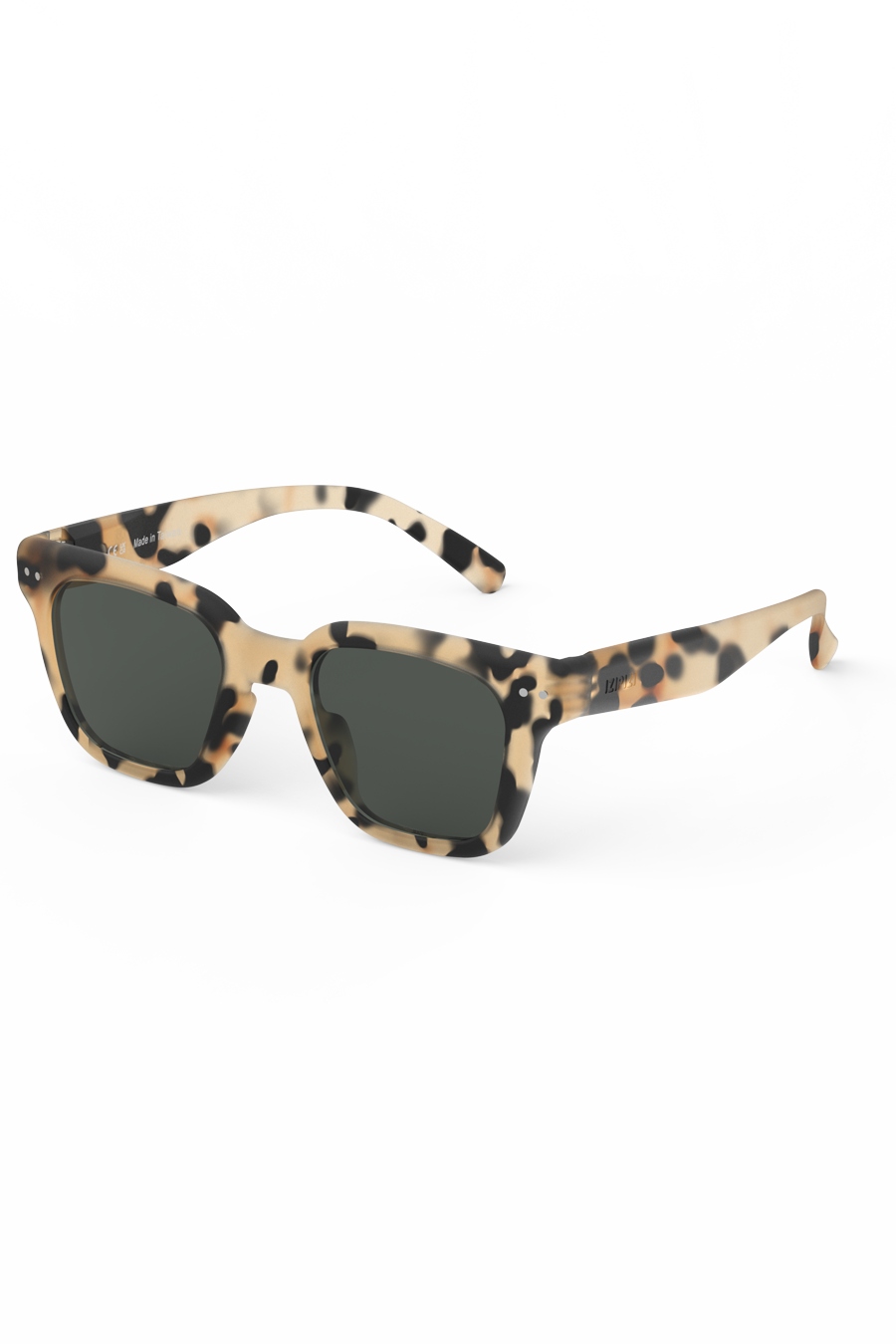 Side view of light tortoise rectangular sunglasses highlighting soft-touch frame texture.