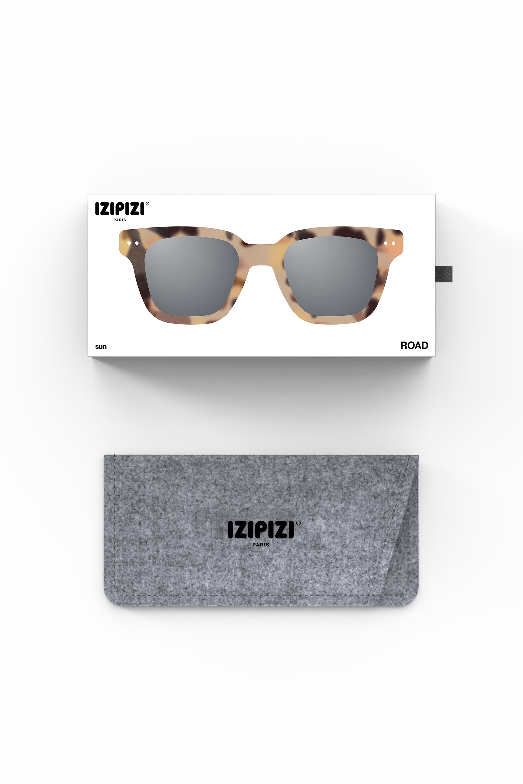 IZIPIZI tortoise sunglasses with packaging and case on a white background
