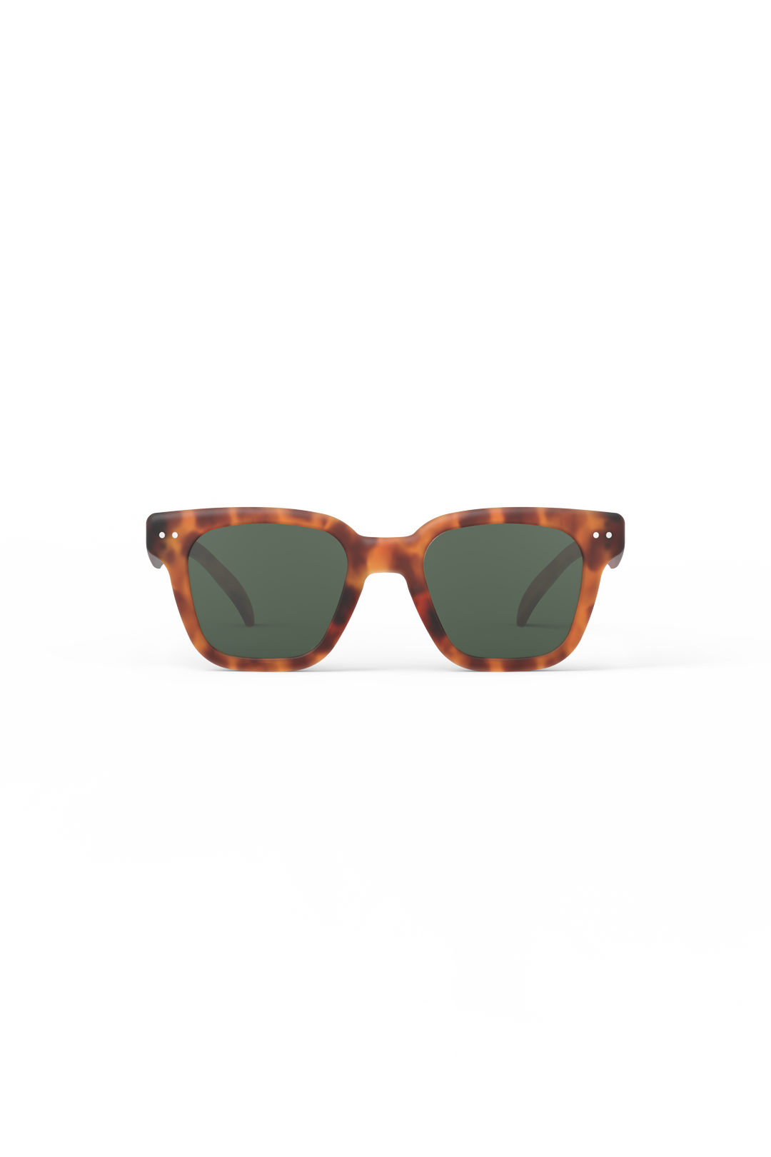 Front view of Izipizi #ROAD Havane sunglasses with oversized rectangular frame and green category 3 lenses.