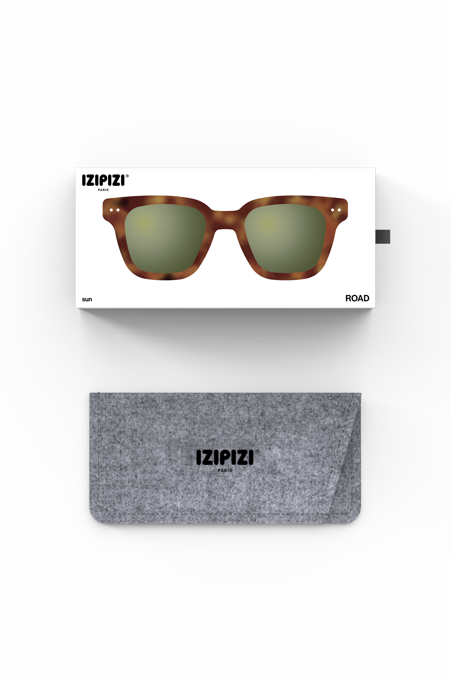 Sunglasses with tortoiseshell frame and green lenses, accompanied by a gray case and packaging displaying 'IZIPIZI' brand on a white background.